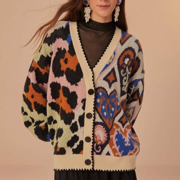 Farm Rio Mixed Ikat Hearts Knit Cardigan Sweater Long Sleeve Size XS Multicolor - Picture 2 of 3